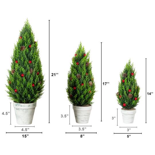 Nearly Natural Artificial Cypress Trees with Red Berries & Pinecones in White Rustic Planter Set